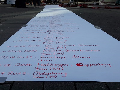 8maerz2 Liste der getöteten Frauen auf lanngen Papierbahnen